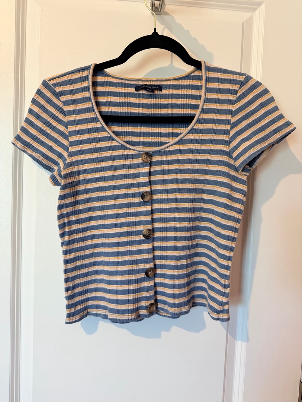 American Eagle Outfitters Blue and Cream Striped Button-Front Tee
